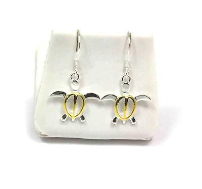 18MM SILVER 925 SHINY HAWAIIAN HONU TURTLE DANGLING EARRINGS WIRE HOOK 2 TONE