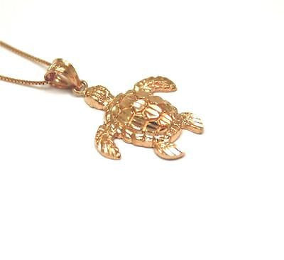 14K SOLID PINK ROSE GOLD SPARKLY DIAMOND CUT HAWAIIAN SEA TURTLE HONU PENDANT M