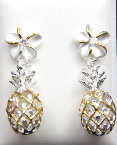 YELLOW GOLD PLATED SILVER 925 HAWAIIAN PLUMERIA DANGLE PINEAPPLE EARRINGS CZ