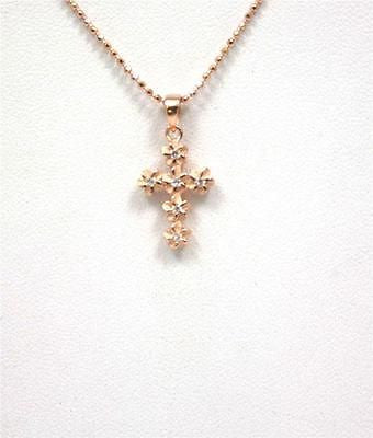 ROSE GOLD PLATED SILVER 925 HAWAIIAN PLUMERIA FLOWER CROSS PENDANT CZ 11MM SMALL