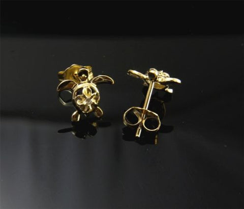 YELLOW GOLD PLATED SILVER 925 HAWAIIAN PLUMERIA TURTLE STUD POST EARRINGS CZ