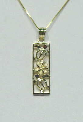 14K YELLOW GOLD HAWAIIAN CUT OUT HONU TURTLE PLUMERIA FLOWER VERTICAL PENDANT