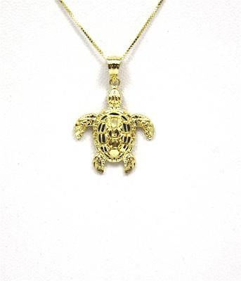 14K SOLID YELLOW GOLD SPARKLY DIAMOND CUT HAWAIIAN SEA TURTLE HONU PENDANT MED.