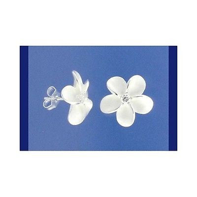 STERLING SILVER 925 HAWAIIAN PLUMERIA FLOWER CZ POST STUD EARRINGS 15MM