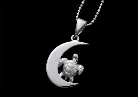 STERLING SILVER 925 SHINY CRESCENT MOON HAWAIIAN SEA TURTLE PENDANT