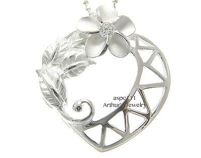 SILVER 925 HAWAIIAN PLUMERIA CZ MAILE LEAF LEAVES HEART DESIGN SLIDE PENDANT