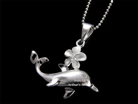 SILVER 925 HAWAIIAN 8MM PLUMERIA FLOWER SHINY DOLPHIN PENDANT CZ