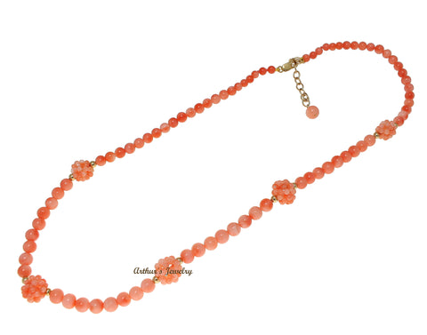 GENUINE PINK CORAL BALL STRAND NECKLACE SOLID 14K YELLOW GOLD 16"+1.5"