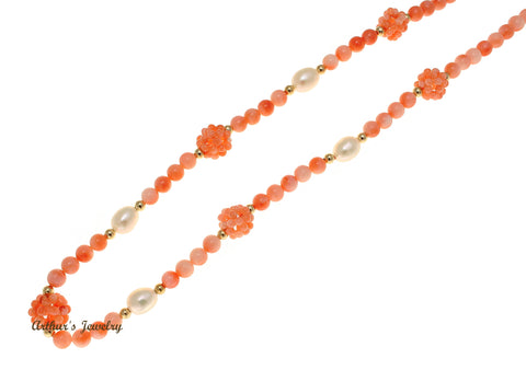 GENUINE PINK CORAL BALL FRESH WATER PEARL NECKLACE 14K YELLOW GOLD 16"+1.5"