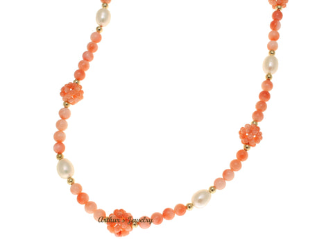GENUINE PINK CORAL BALL FRESH WATER PEARL NECKLACE 14K YELLOW GOLD 16"+1.5"