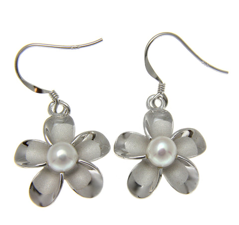 925 Silver Hawaiian Plumeria Flower Fresh Water Pearl Wire Hook Rhodium Earrings