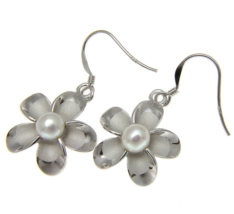 925 Silver Hawaiian Plumeria Flower Fresh Water Pearl Wire Hook Rhodium Earrings