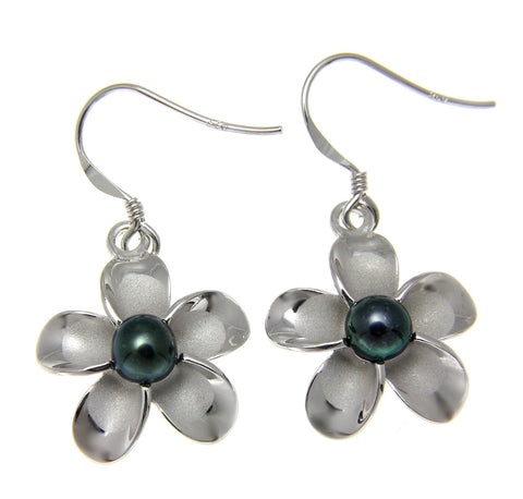 925 Silver Hawaiian Plumeria Flower Fresh Water Pearl Wire Hook Rhodium Earrings