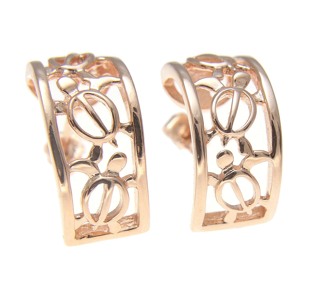 SILVER 925 PINK ROSE GOLD HAWAIIAN 3 HONU SEA TURTLE HOOP POST STUD EARRINGS