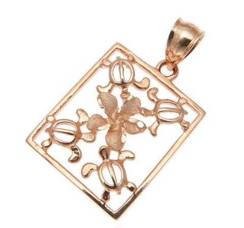 SOLID 14K ROSE GOLD HAWAIIAN PLUMERIA FLOWER 4 HONU TURTLE CHARM PENDANT