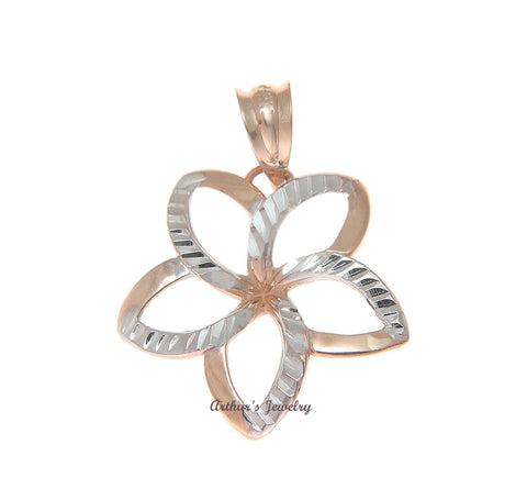 18.5MM 14K PINK ROSE HAWAIIAN OPEN PLUMERIA FLOWER WHITE GOLD SMOOTH PENDANT