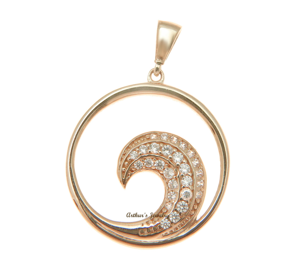SOLID 14K ROSE GOLD HAWAIIAN OCEAN WAVE CIRCLE CHARM BLING CZ PENDANT 19MM