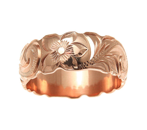 14K PINK ROSE GOLD HAND ENGRAVED HAWAIIAN PLUMERIA SCROLL BAND RING CUT OUT 8MM