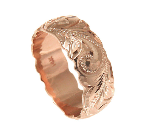 14K PINK ROSE GOLD HAND ENGRAVED HAWAIIAN PLUMERIA SCROLL BAND RING CUT OUT 8MM