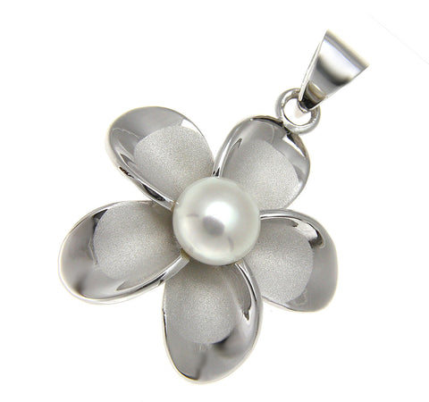 925 Silver Hawaiian Plumeria Flower Fresh Water Pearl Rhodium Pendant 12-32mm