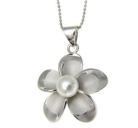 925 Silver Hawaiian Plumeria Flower Fresh Water Pearl Rhodium Pendant 12-32mm