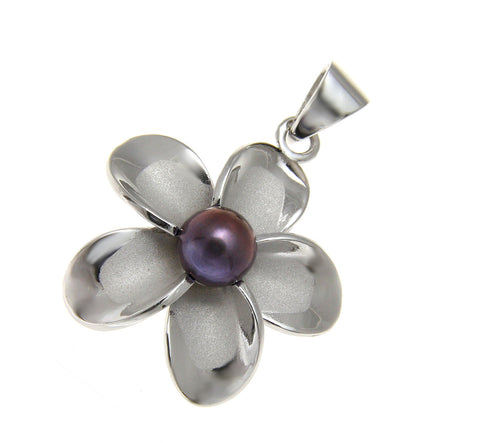 925 Silver Hawaiian Plumeria Flower Fresh Water Pearl Rhodium Pendant 12-32mm