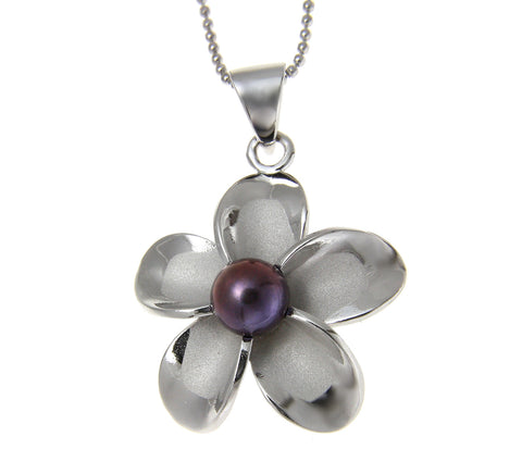 925 Silver Hawaiian Plumeria Flower Fresh Water Pearl Rhodium Pendant 12-32mm