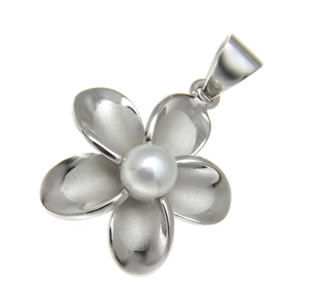 925 Silver Hawaiian Plumeria Flower Fresh Water Pearl Rhodium Pendant 12-32mm