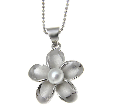 925 Silver Hawaiian Plumeria Flower Fresh Water Pearl Rhodium Pendant 12-32mm