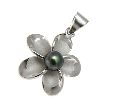 925 Silver Hawaiian Plumeria Flower Fresh Water Pearl Rhodium Pendant 12-32mm