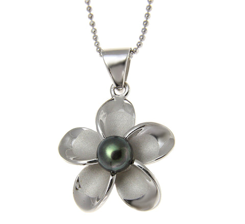 925 Silver Hawaiian Plumeria Flower Fresh Water Pearl Rhodium Pendant 12-32mm