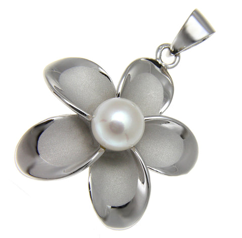 925 Silver Hawaiian Plumeria Flower Fresh Water Pearl Rhodium Pendant 12-32mm