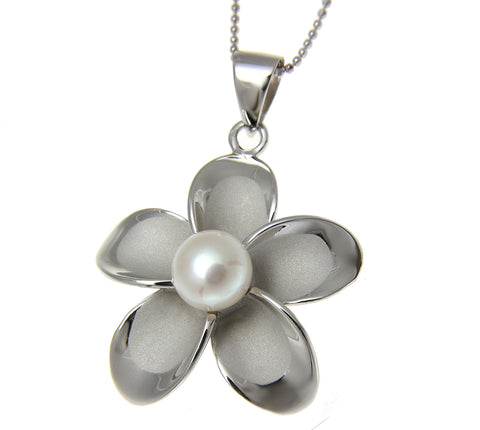 925 Silver Hawaiian Plumeria Flower Fresh Water Pearl Rhodium Pendant 12-32mm