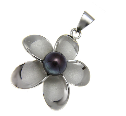 925 Silver Hawaiian Plumeria Flower Fresh Water Pearl Rhodium Pendant 12-32mm