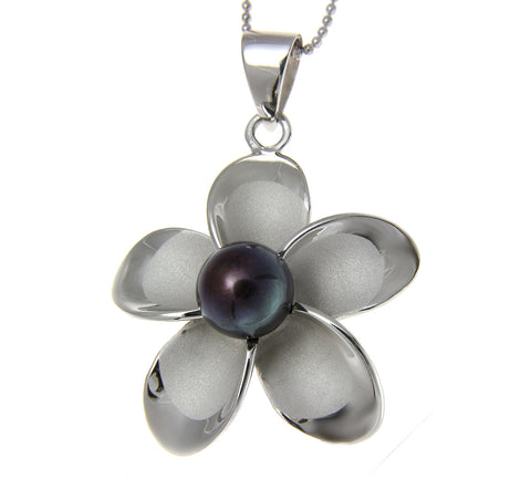 925 Silver Hawaiian Plumeria Flower Fresh Water Pearl Rhodium Pendant 12-32mm