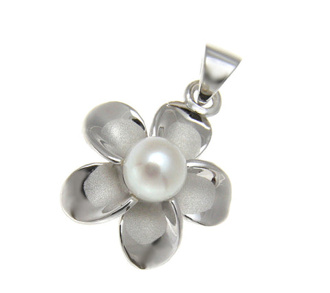 925 Silver Hawaiian Plumeria Flower Fresh Water Pearl Rhodium Pendant 12-32mm