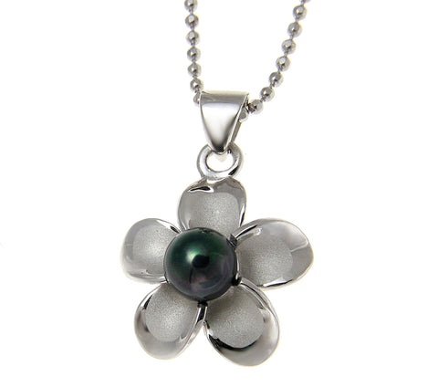 925 Silver Hawaiian Plumeria Flower Fresh Water Pearl Rhodium Pendant 12-32mm