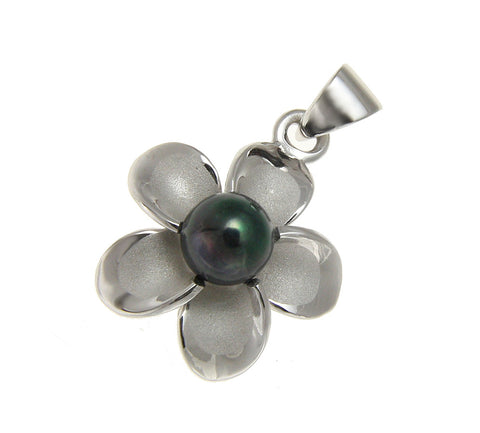 925 Silver Hawaiian Plumeria Flower Fresh Water Pearl Rhodium Pendant 12-32mm