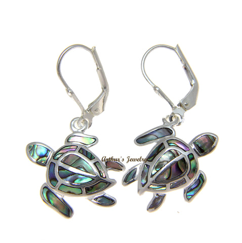 925 Sterling Silver Hawaiian Honu Turtle Abalone Shell Paua Leverback Earrings