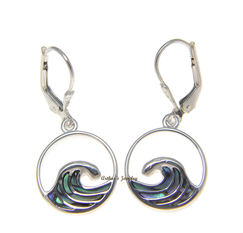 925 Sterling Silver Hawaiian Ocean Wave Abalone Shell Paua Leverback Earrings