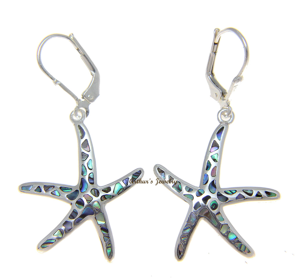 925 Silver Hawaiian Starfish Sea Star Abalone Shell Paua Leverback Earrings