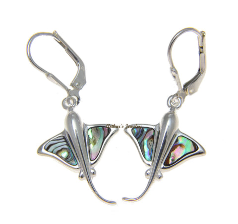 925 Sterling Silver Hawaiian Stingray Fish Abalone Shell Paua Leverback Earrings