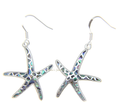 925 Sterling Silver Hawaiian Starfish Sea Star Abalone Shell Paua Hook Earrings