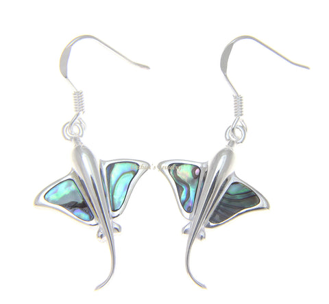 925 Sterling Silver Hawaiian Stingray Fish Abalone Shell Paua Wire Hook Earrings