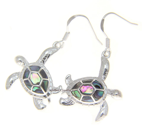 925 Sterling Silver Hawaiian Honu Sea Turtle Abalone Shell Paua Hook Earrings