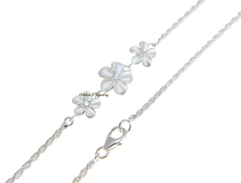 SILVER 925 HAWAIIAN 8MM-10MM-8MM PLUMERIA ROPE CHAIN ANKLET CZ 10"
