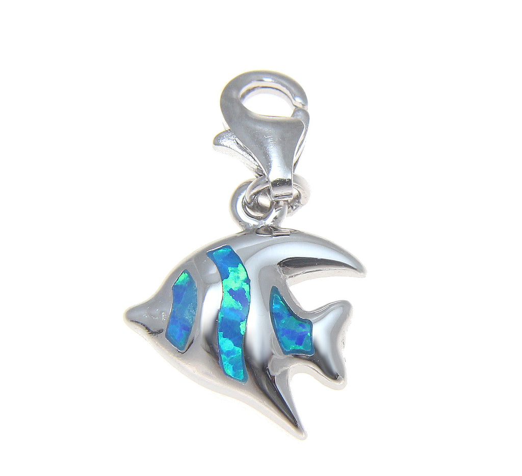 925 Silver Rhodium Hawaiian Tropical Fish Blue Opal Clasp Enhancer Pendant Charm