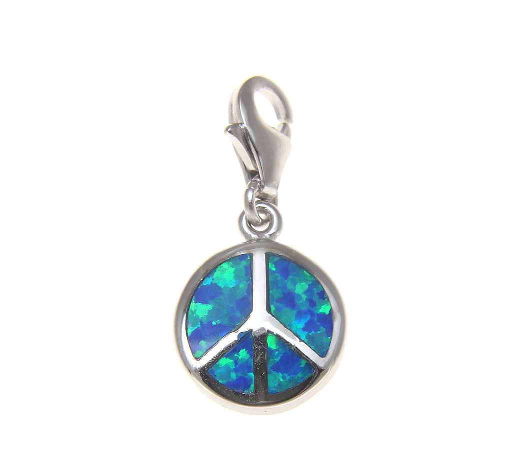 925 Sterling Silver Rhodium Peace Sign Blue Opal Clasp Enhancer Pendant Charm