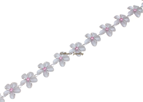 925 STERLING SILVER HAWAIIAN PLUMERIA FLOWER BRACELET PINK CZ 8MM 7"