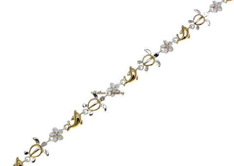 YELLOW GOLD PLATED 2T SILVER 925 HAWAIIAN PLUMERIA TURTLE DOLPHIN ANKLET 9"